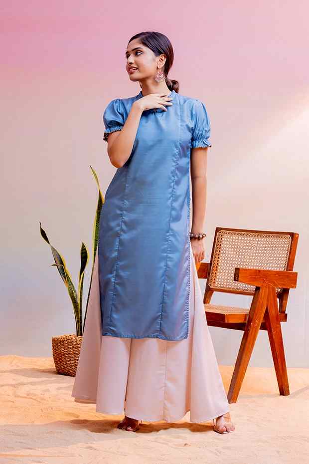 Blue Cotton Silk Puff Sleeve Straight Cut Kurta