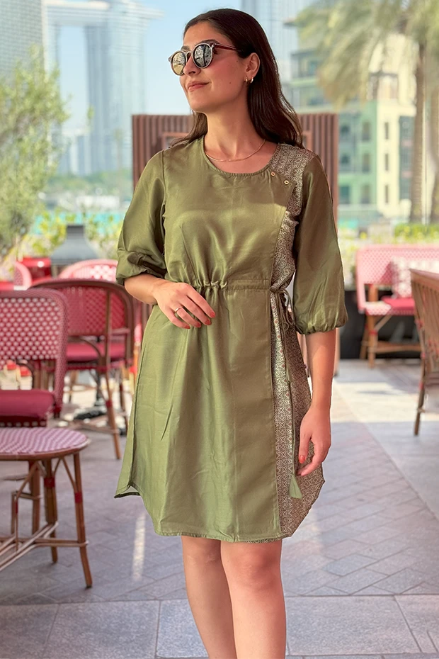 Green Satin Muslin Knee-Length Dress For Women