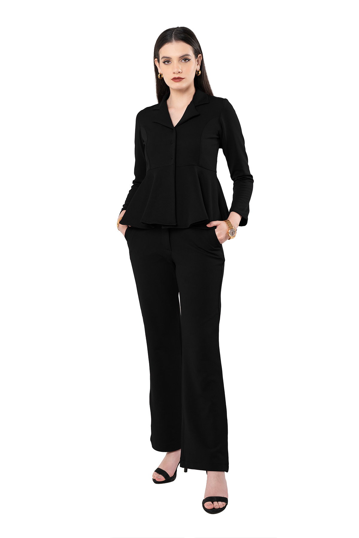Black Peplum Top With Flared Pants 2