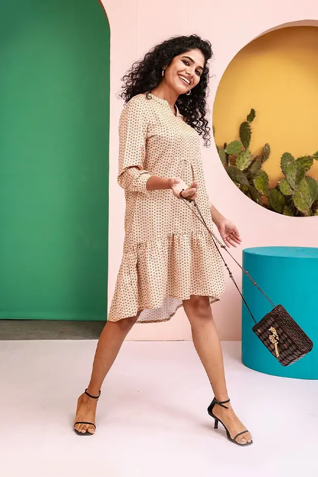 Brown Satin Muslin Tiered Dress With V-Neck