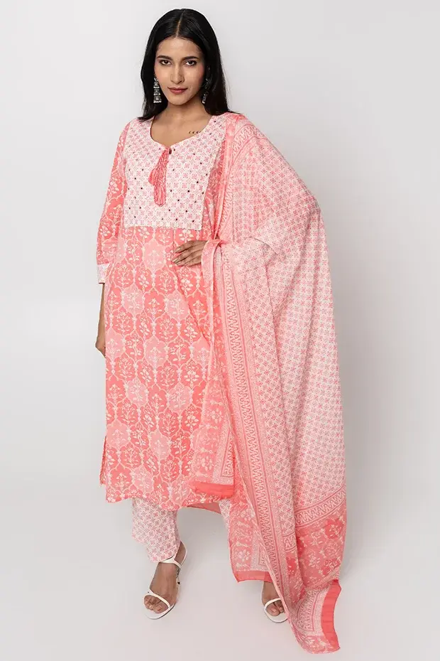 Pink Printed Cotton Kurta Set