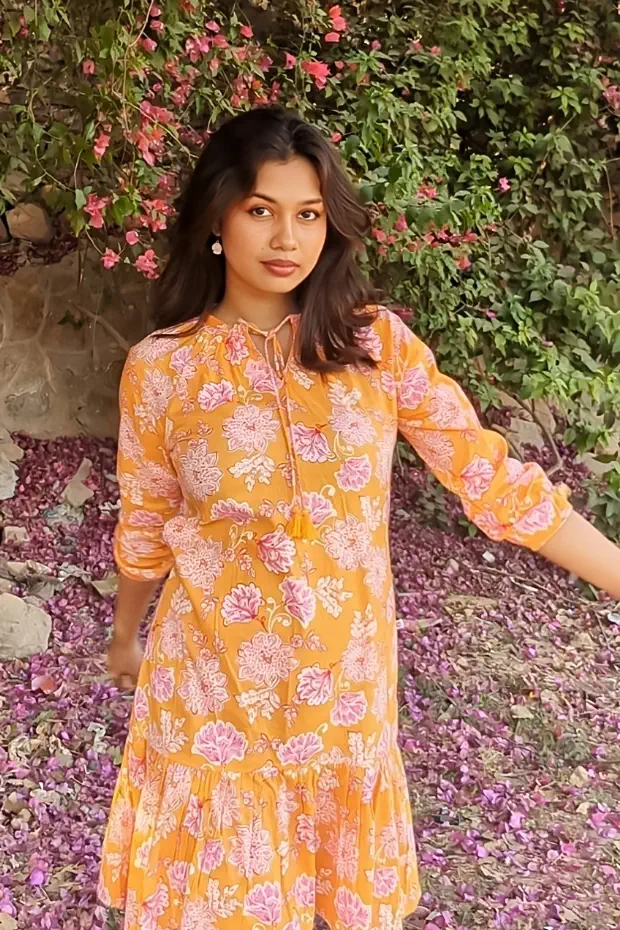 Orange Cotton Floral Tiered Dress