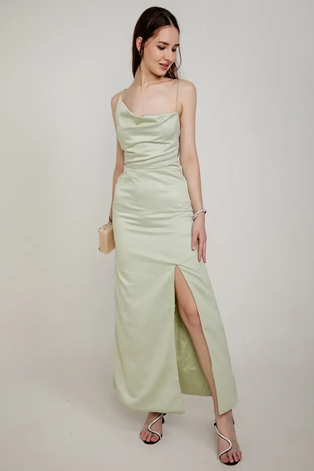 Green Cowl Neck Satin Maxi Dress