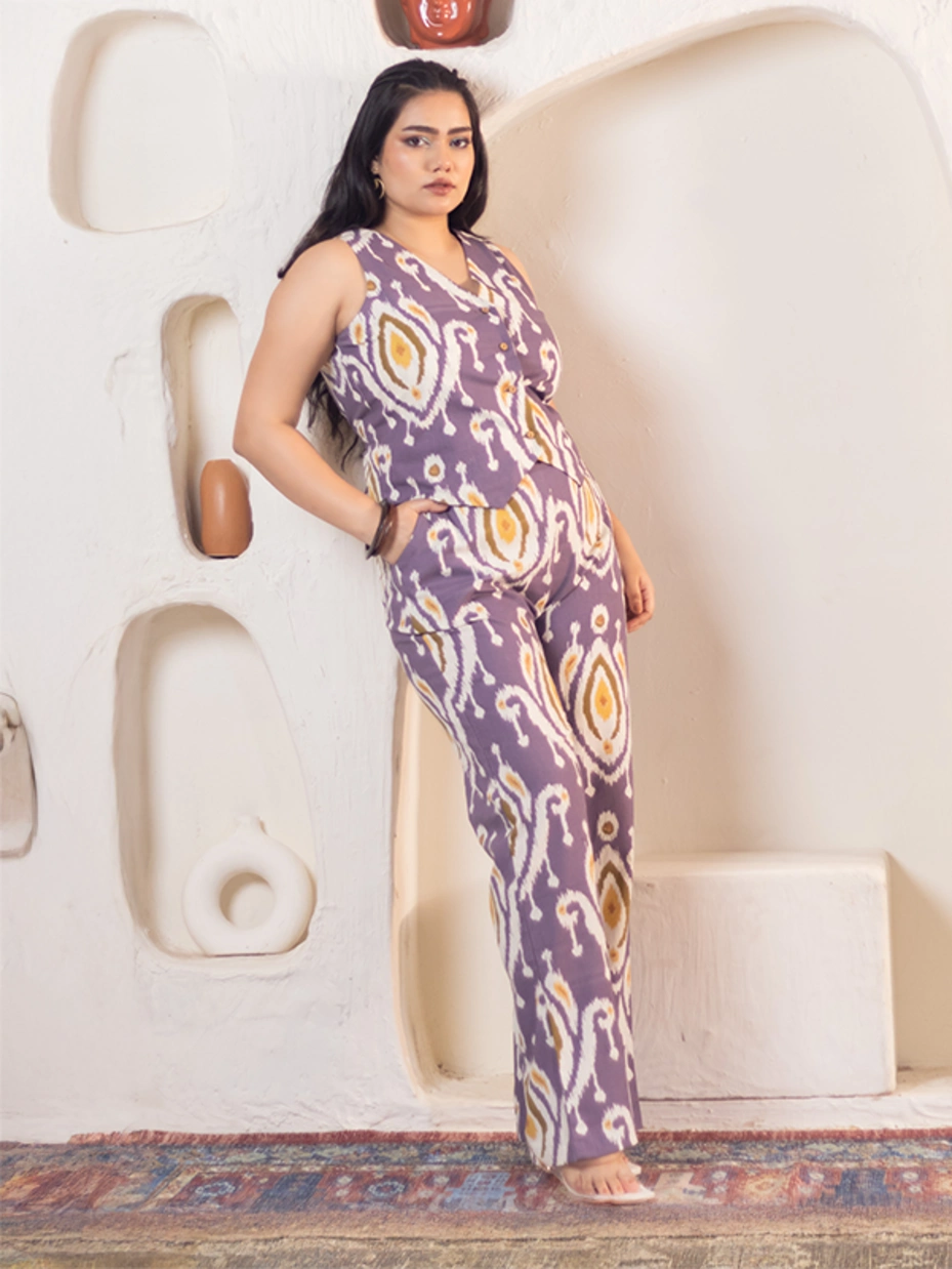 Purple Ikat Waistcoat Pant Cotton Co-Ord Set 2