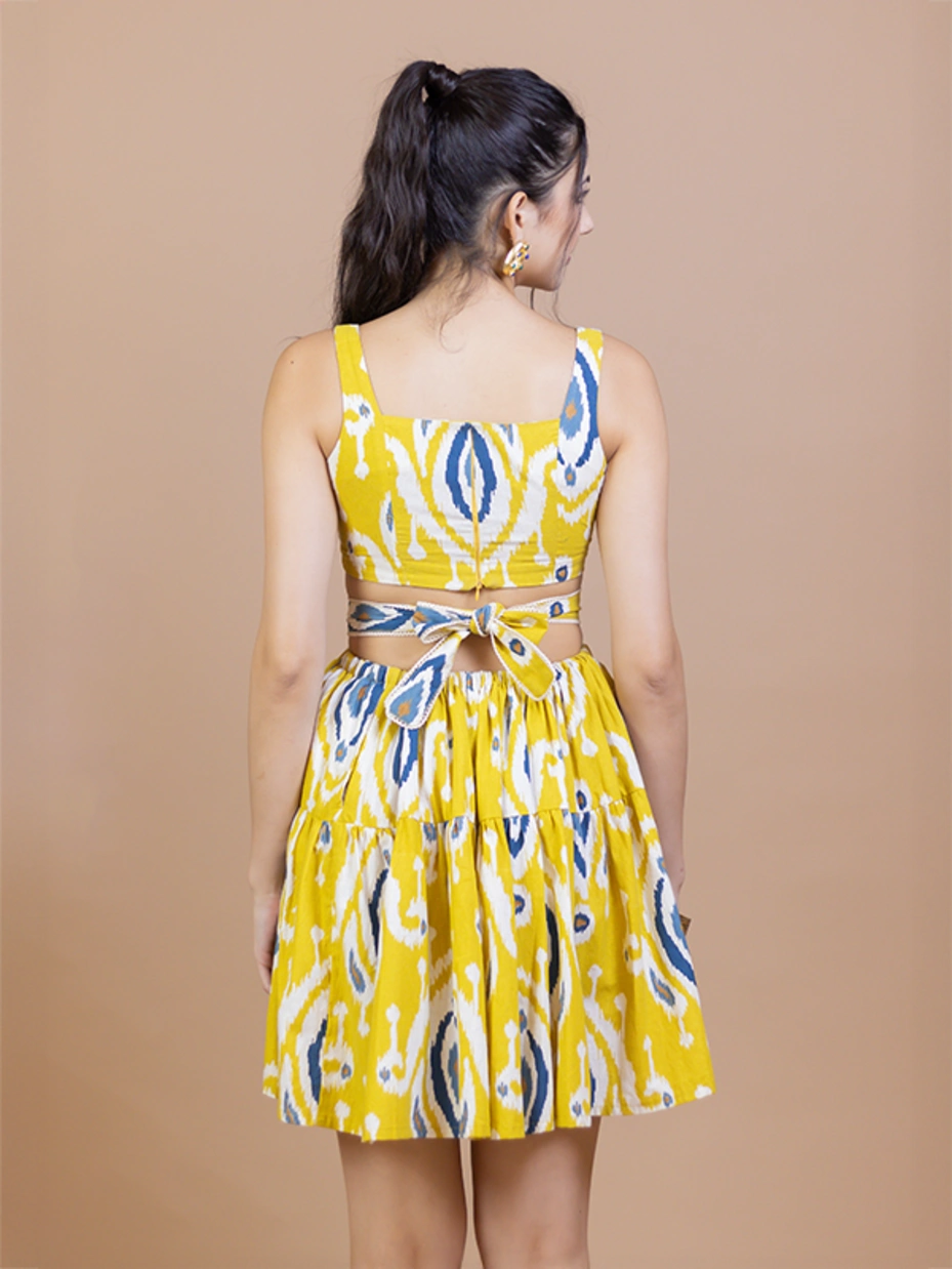 Yellow Ikat Cotton Waist-Cut Mini Dress 3