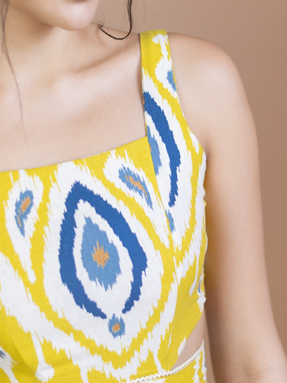Yellow Ikat Cotton Waist-Cut Mini Dress 5