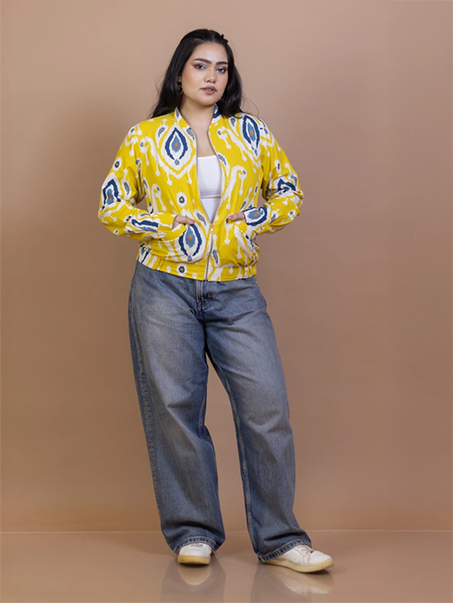 Purple & Yellow Ikat Cotton Reversible Jacket