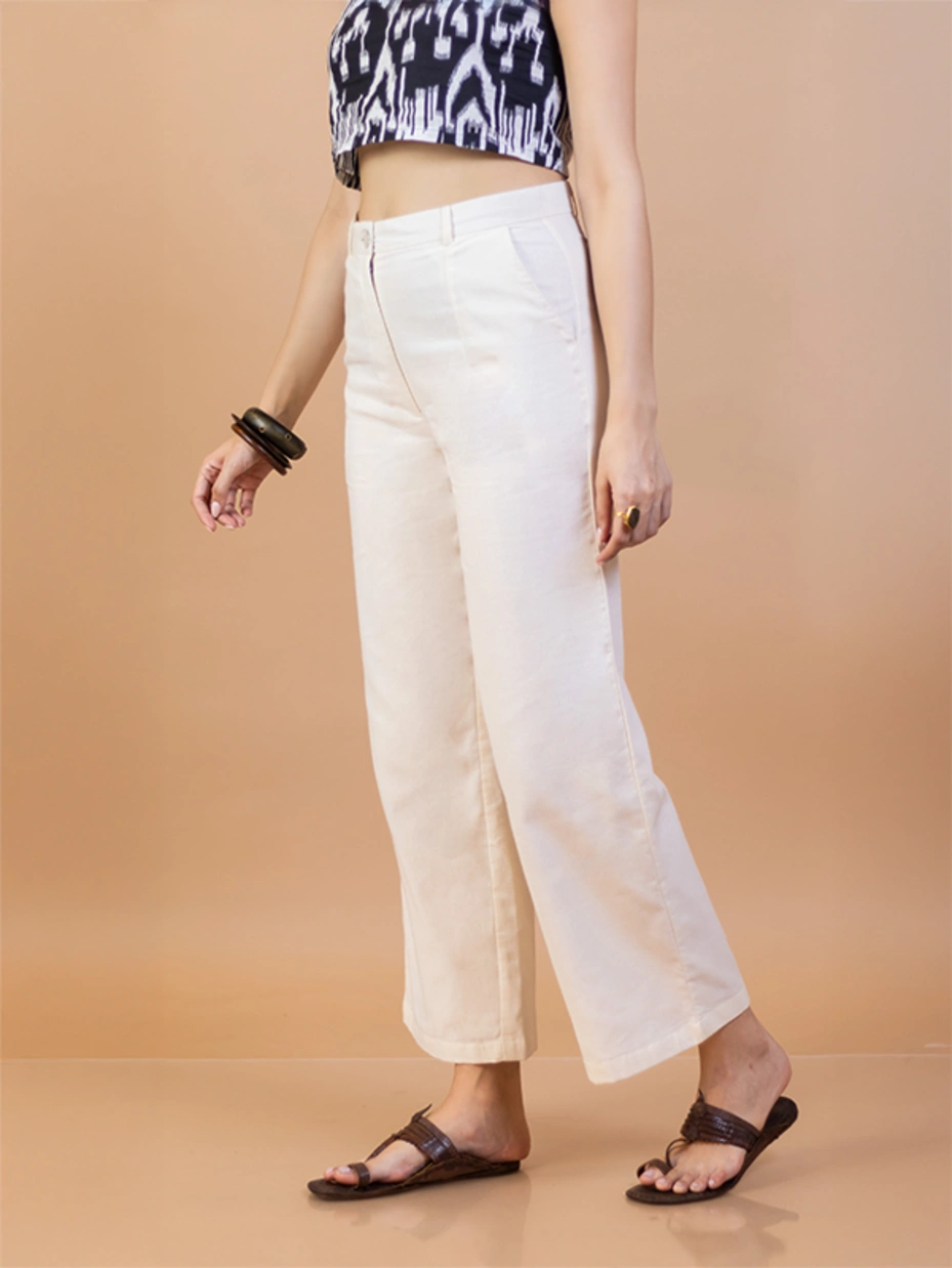Off White Cotton Straight Fit Pants 4