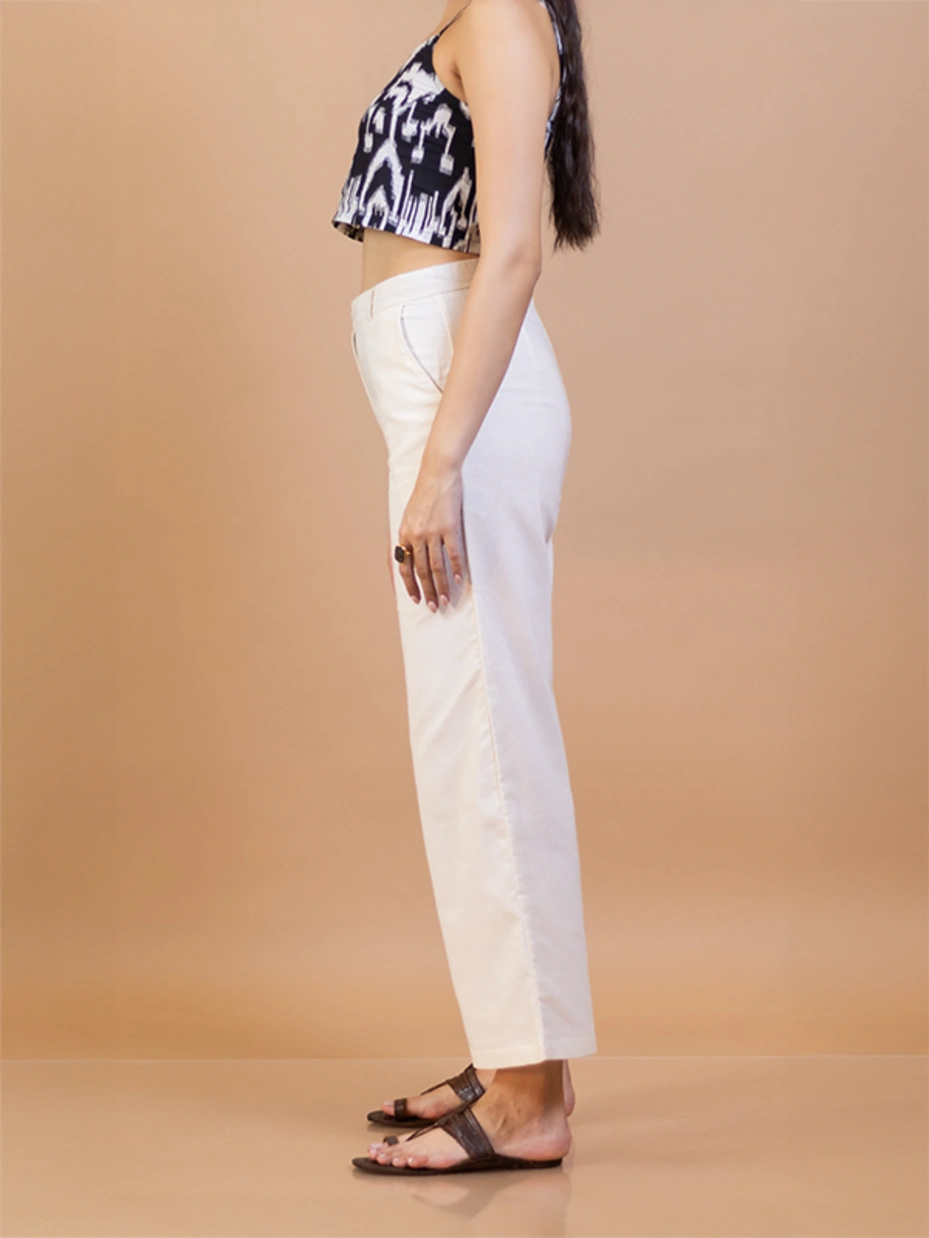 Off White Cotton Straight Fit Pants 5