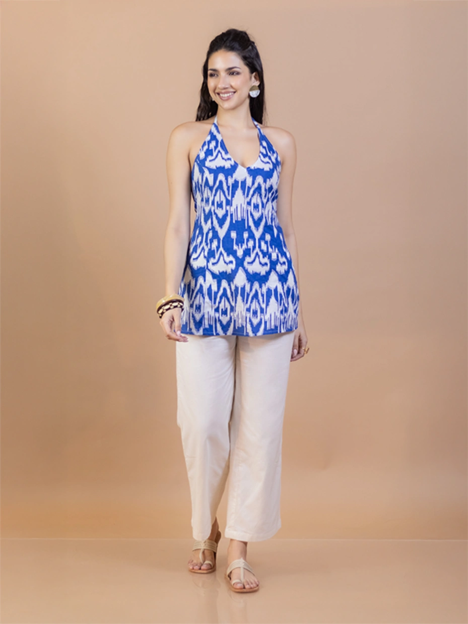 Blue Ikat Cotton Halter Neck Kurti 3