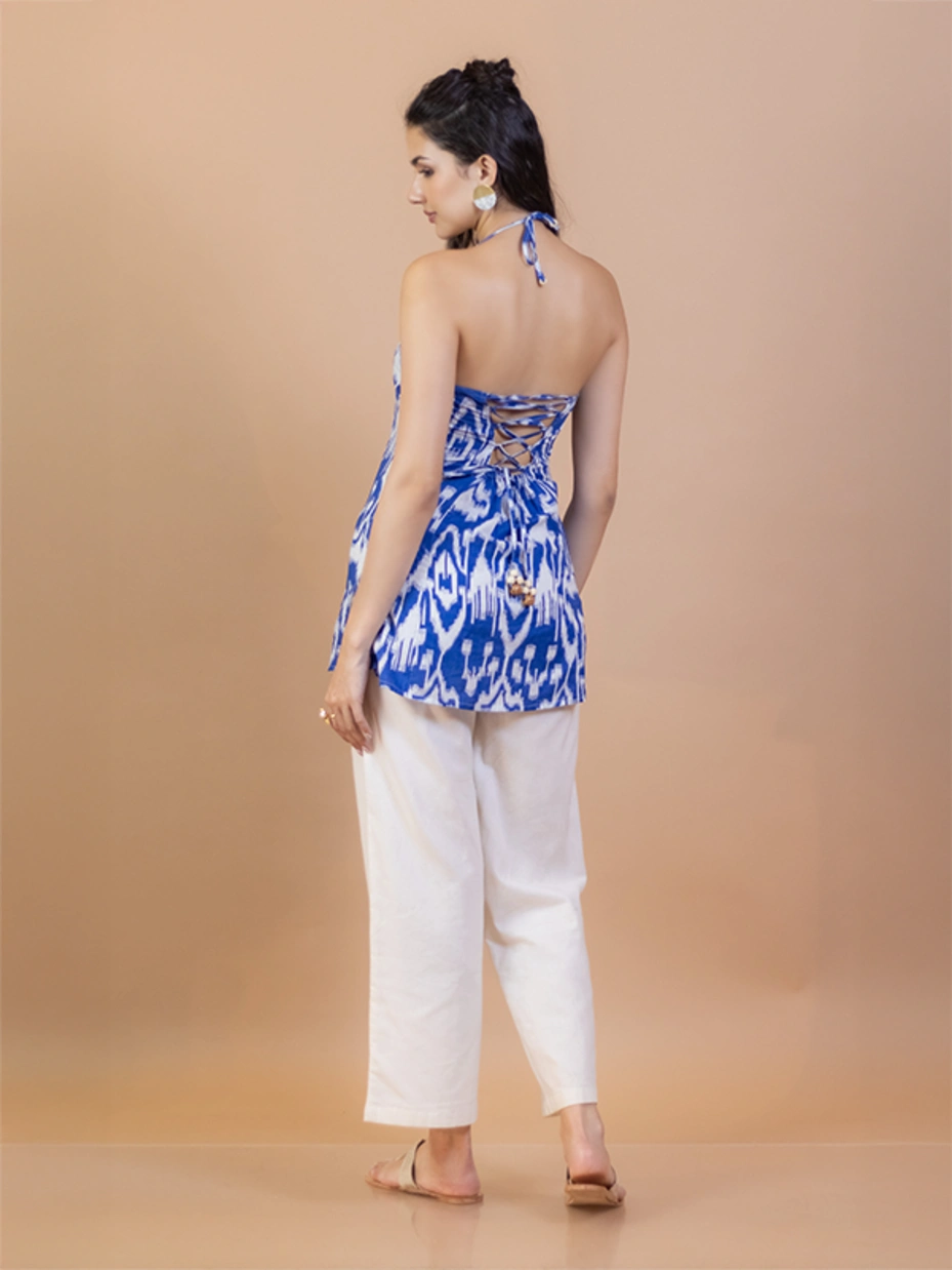 Blue Ikat Cotton Halter Neck Kurti 4