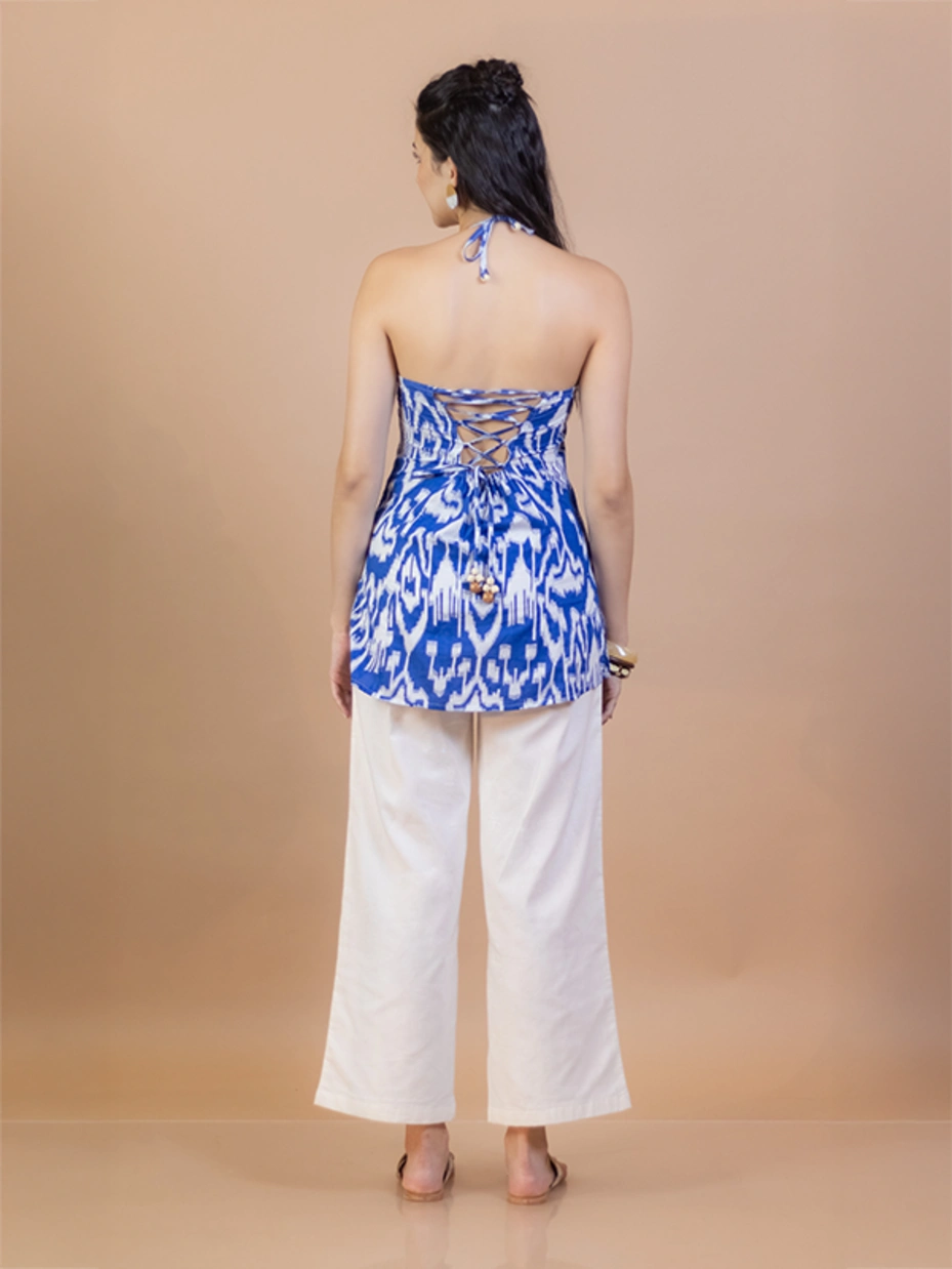 Blue Ikat Cotton Halter Neck Kurti 6
