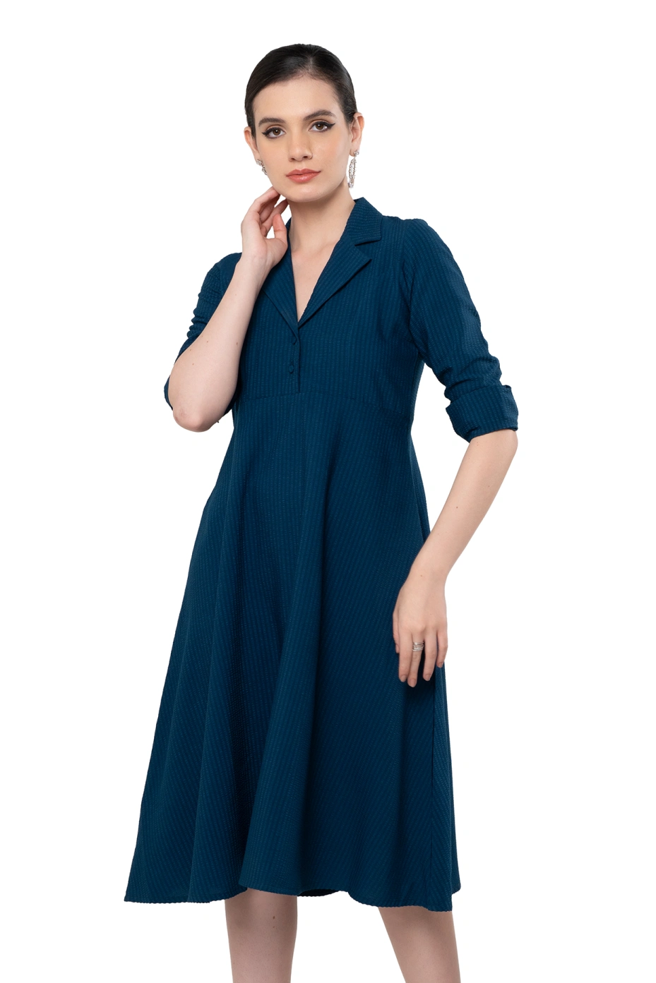 Blue Lapel Collar Dress With Tailored Fit 1