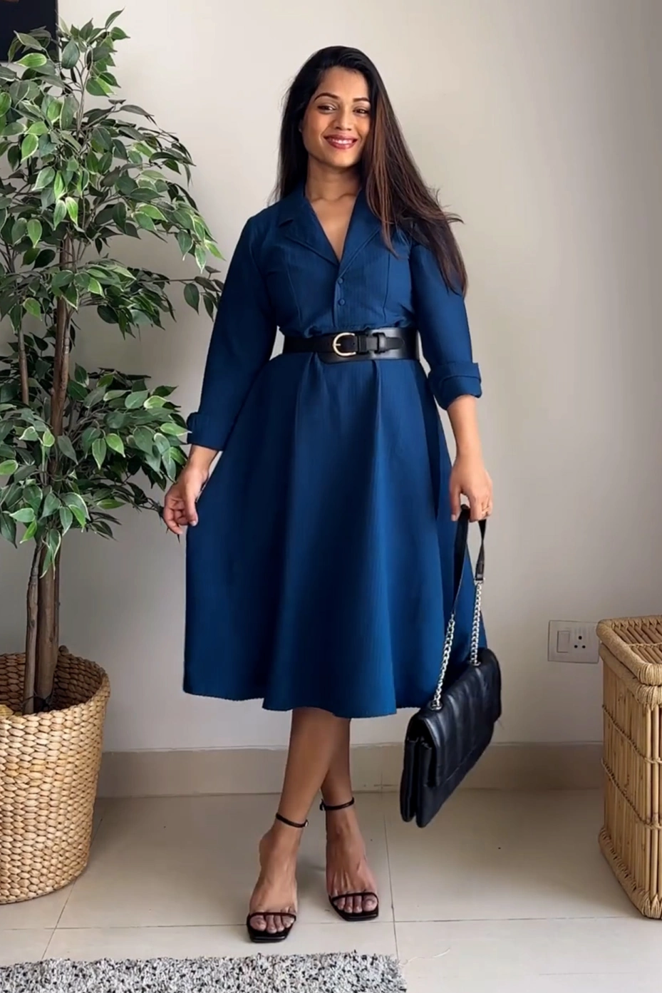 Blue Lapel Collar Dress With Tailored Fit 2