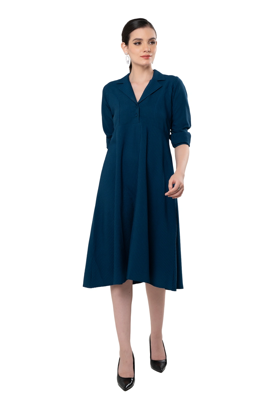 Blue Lapel Collar Dress With Tailored Fit 5
