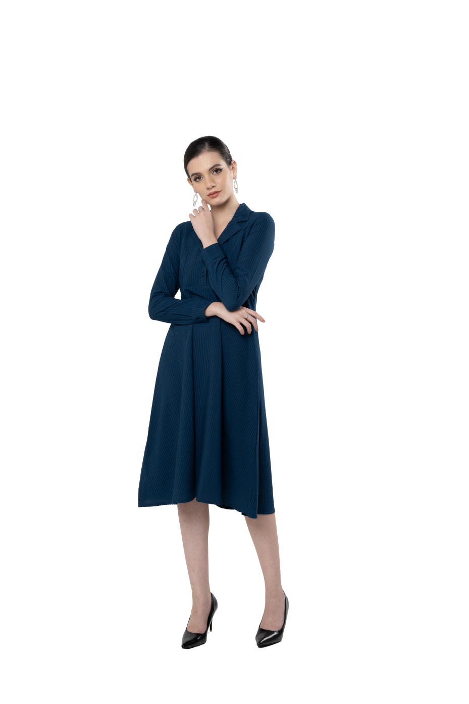 Blue Lapel Collar Dress With Tailored Fit 6