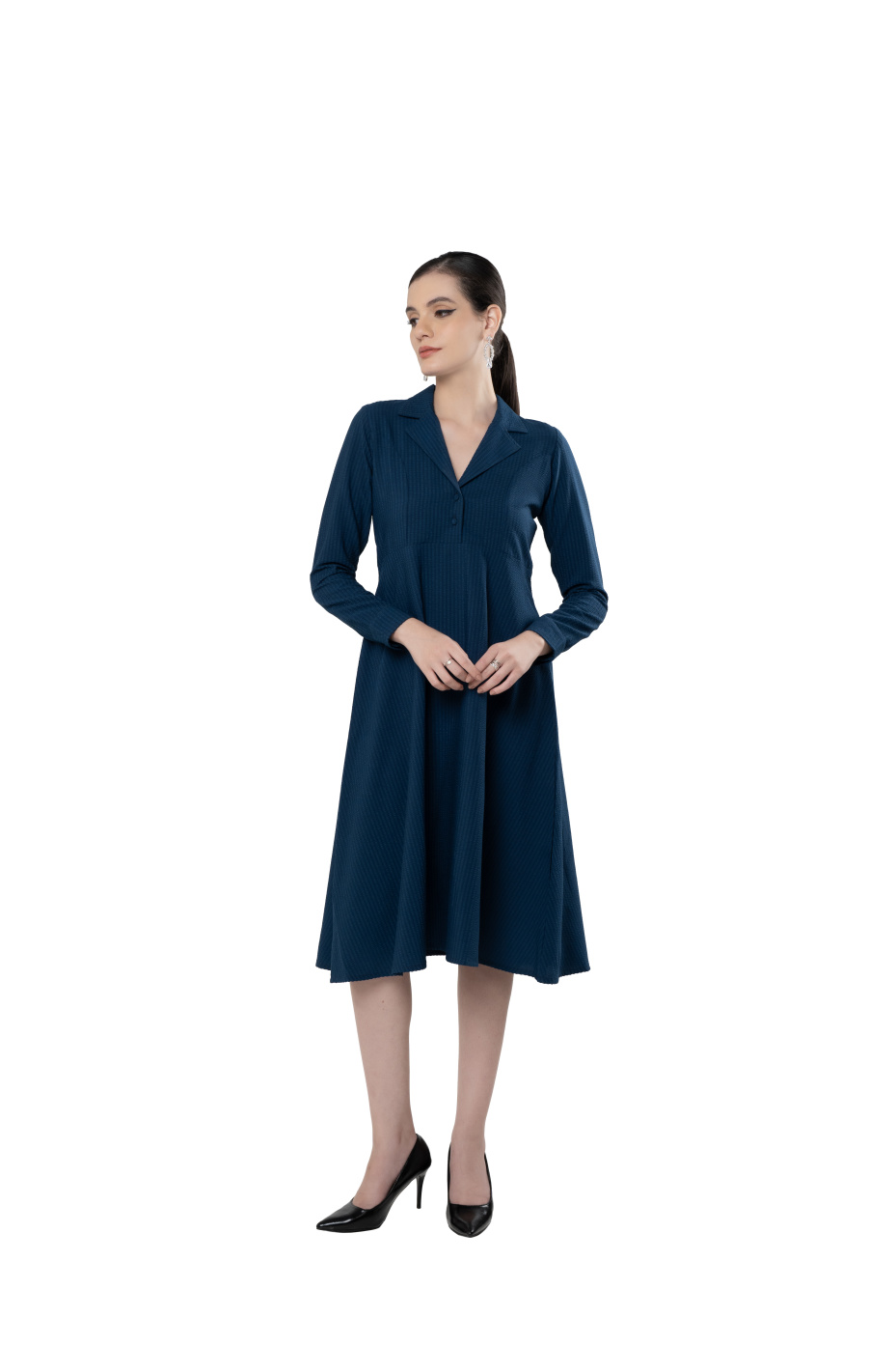 Blue Lapel Collar Dress With Tailored Fit 7