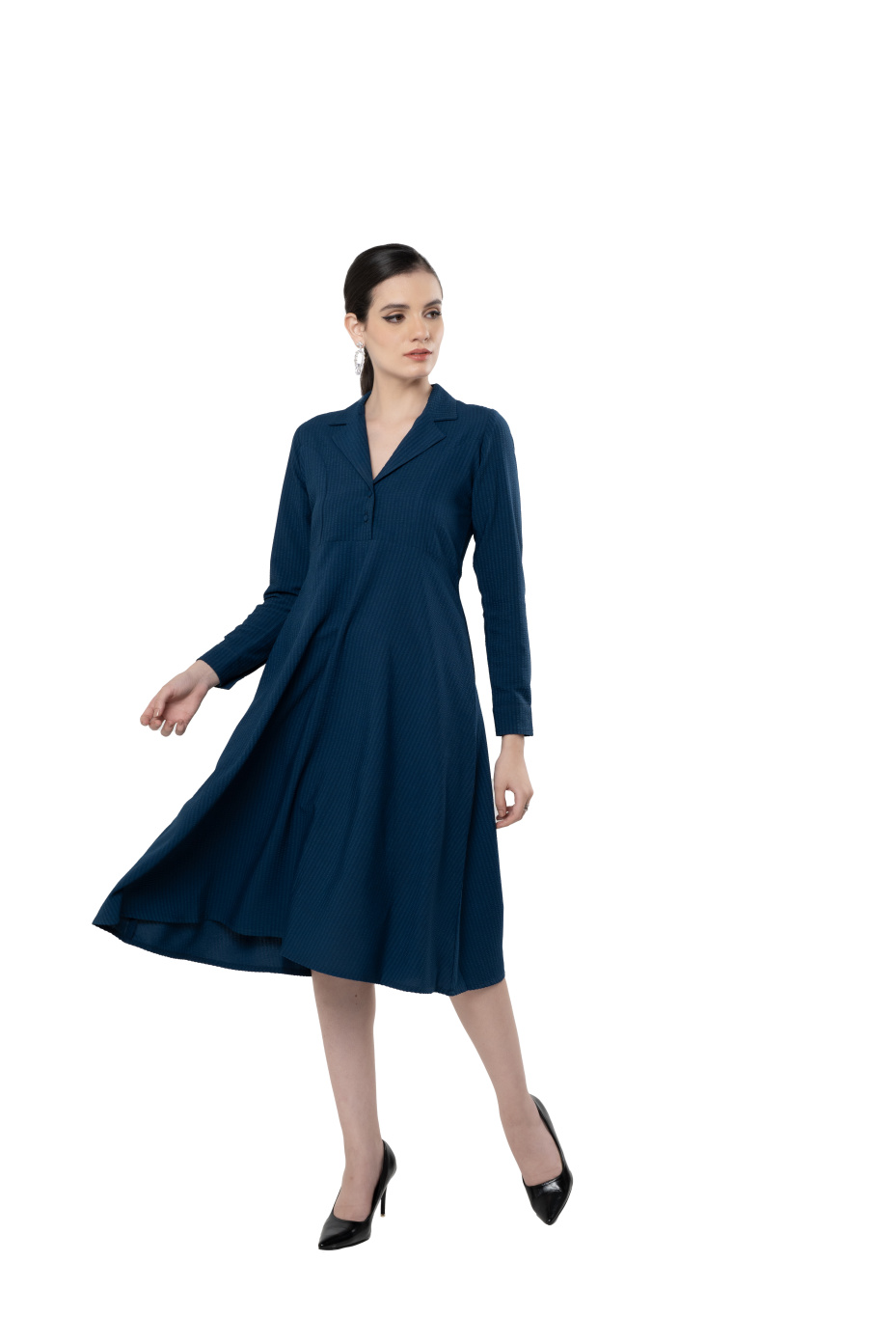 Blue Lapel Collar Dress With Tailored Fit 8
