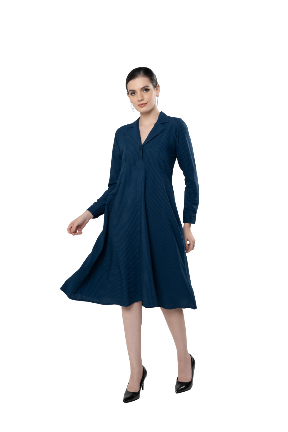 Blue Lapel Collar Dress With Tailored Fit 9