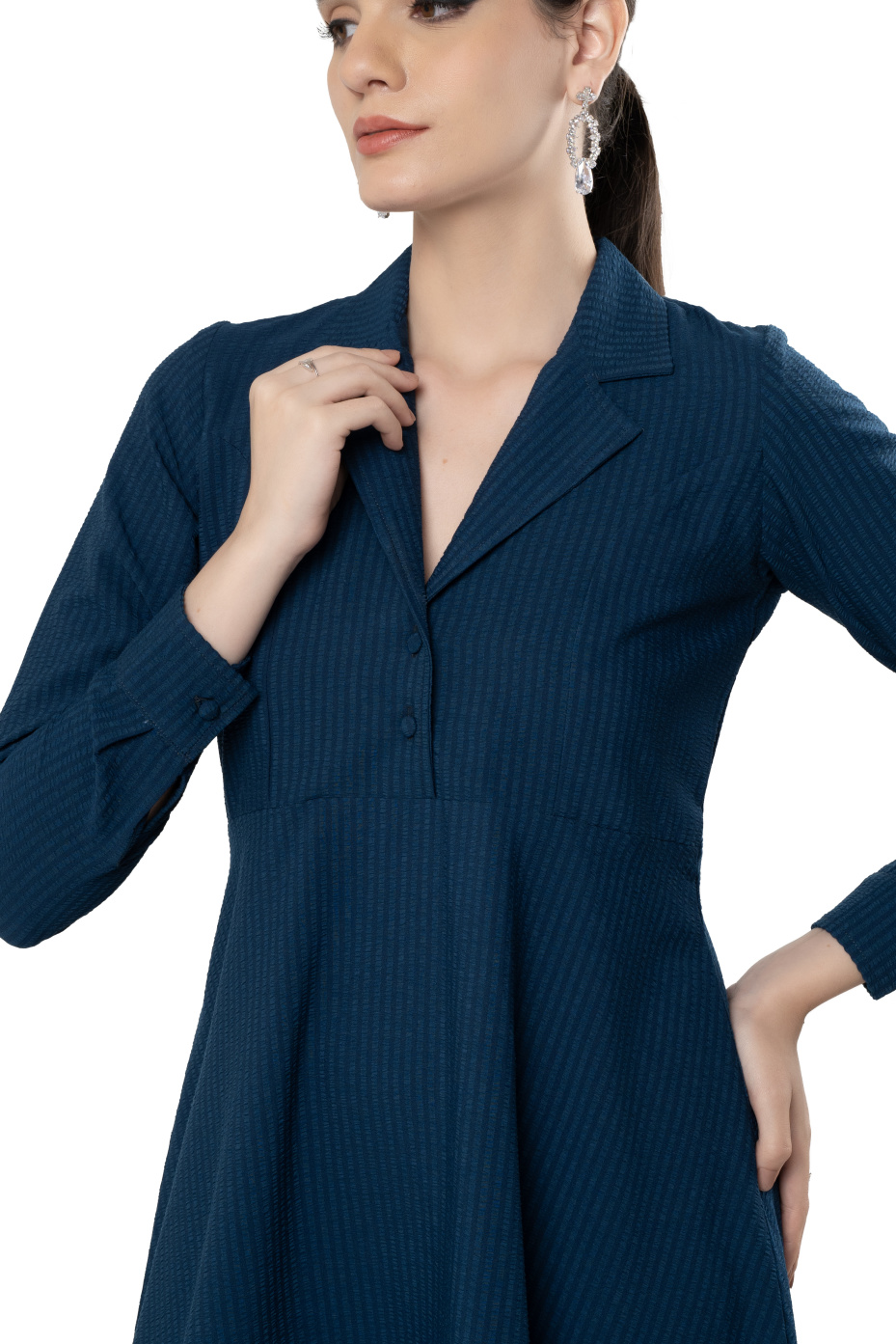 Blue Lapel Collar Dress With Tailored Fit 10