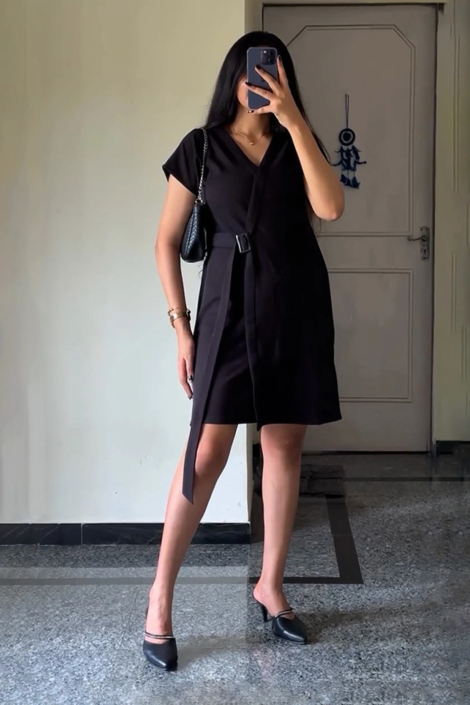 Black Cape Sleeve Dress With Paneled Belt Adjuster 1