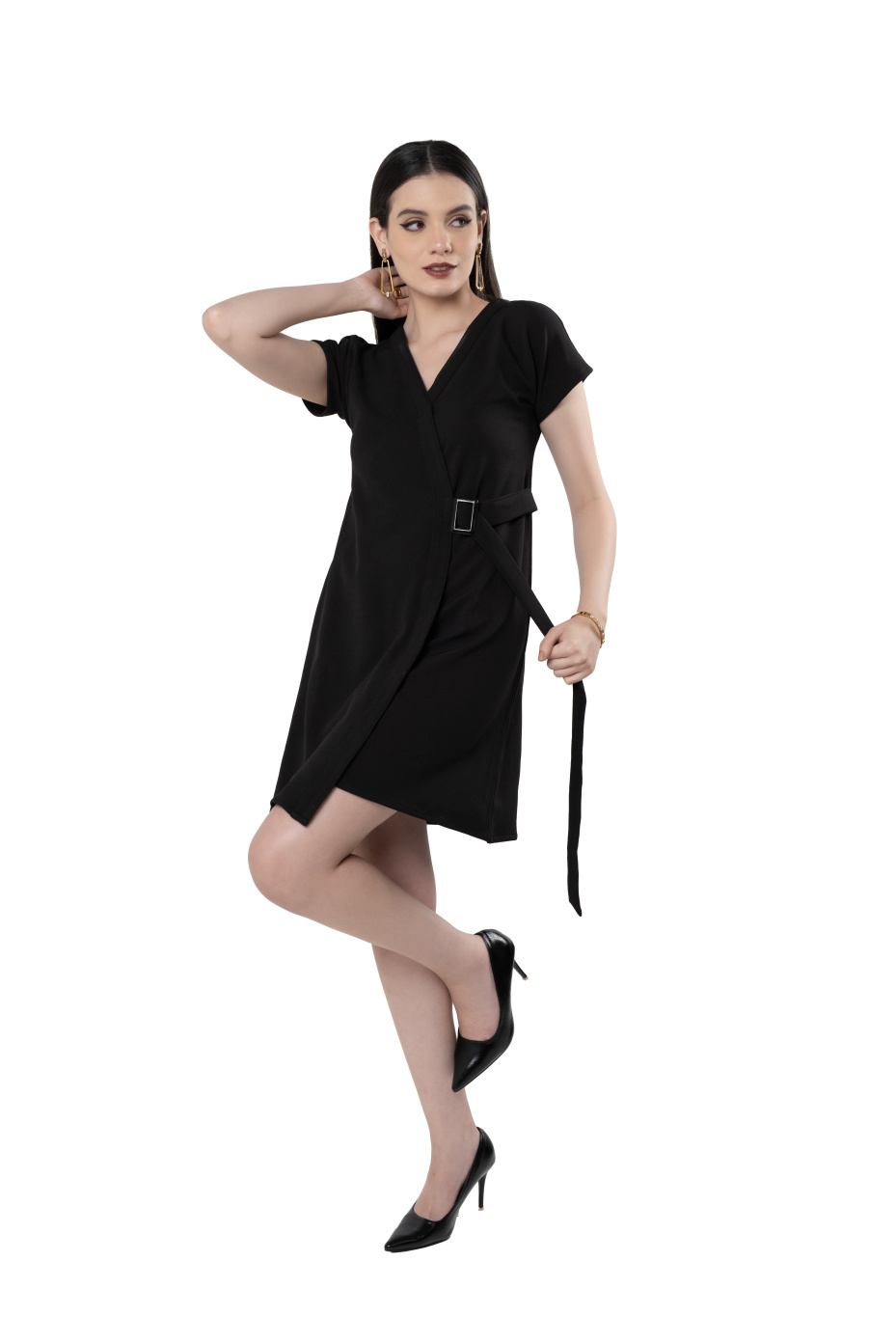Black Cape Sleeve Dress With Paneled Belt Adjuster 2