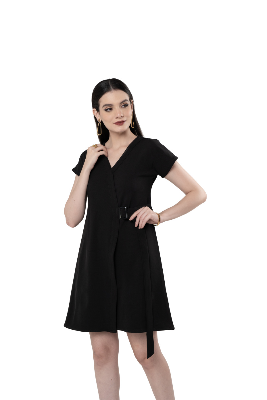 Black Cape Sleeve Dress With Paneled Belt Adjuster 3