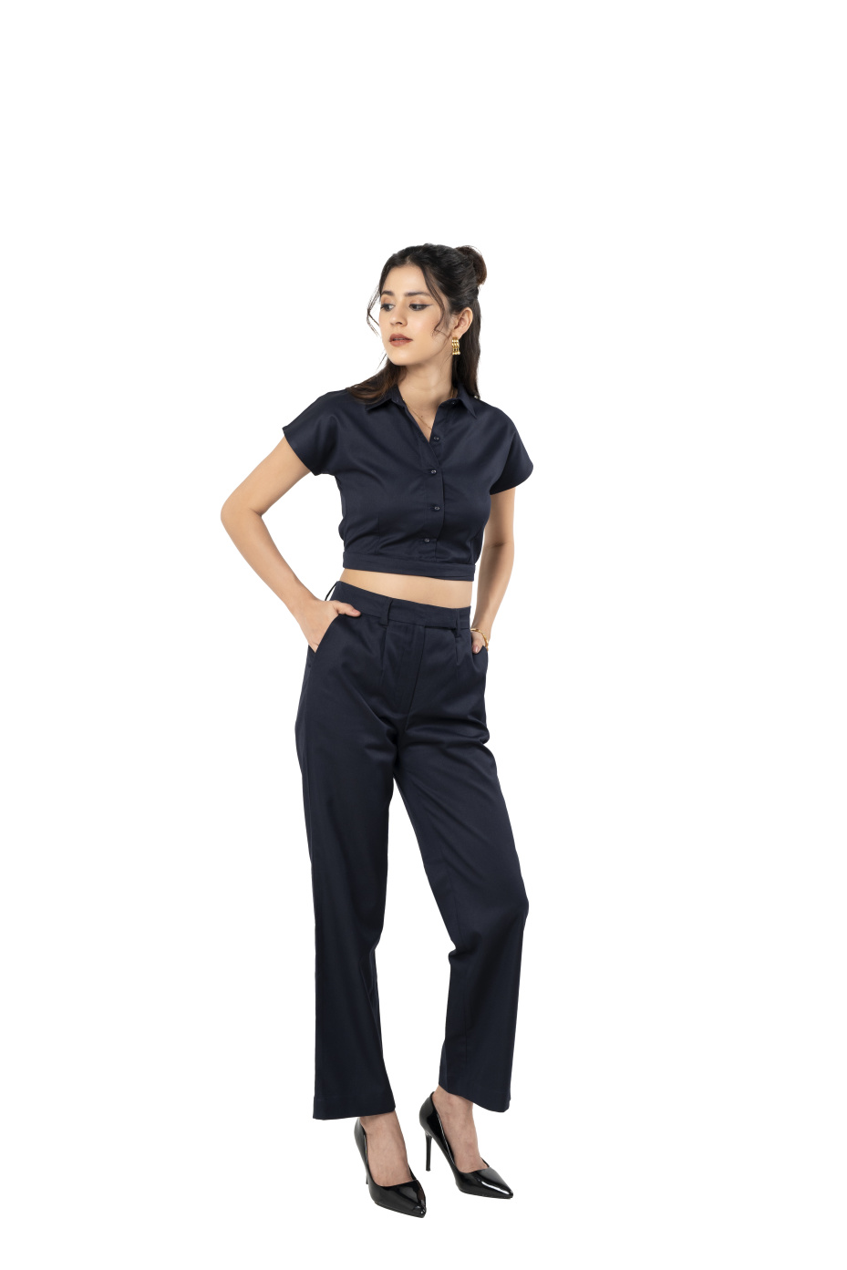 Indigo Coord Set With Crop Shirt And Straight Pants 