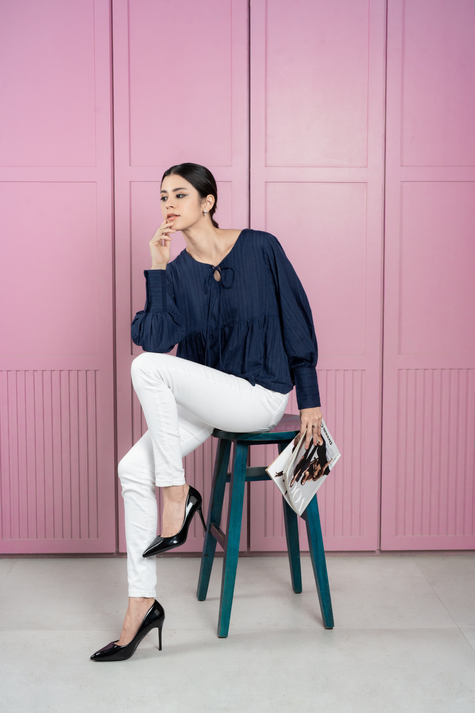 Blue Peplum Top With Bishop Sleeves