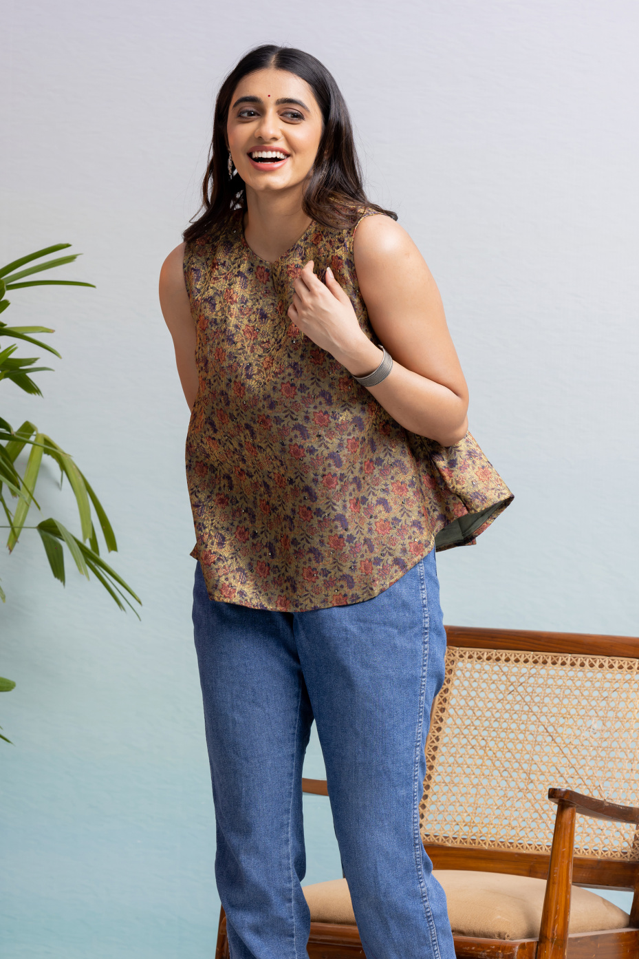Blue Printed Cotton Sleeveless Top