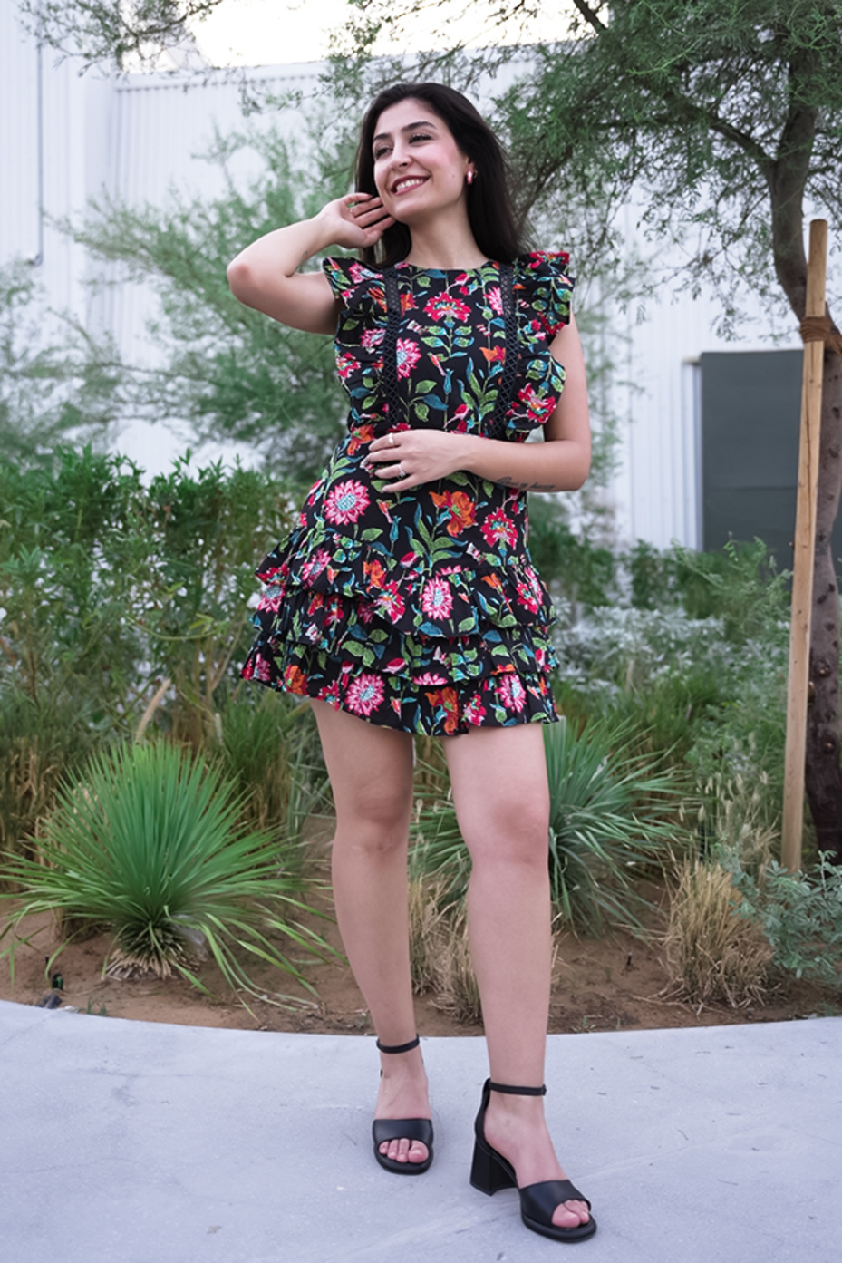 Pink Checked Cotton Dress With Flared Sleeves