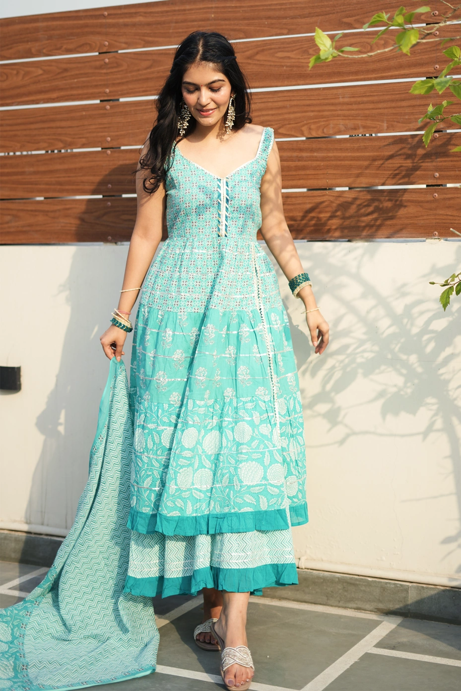 Green Floral Printed Cotton Sharara Set With Dupatta