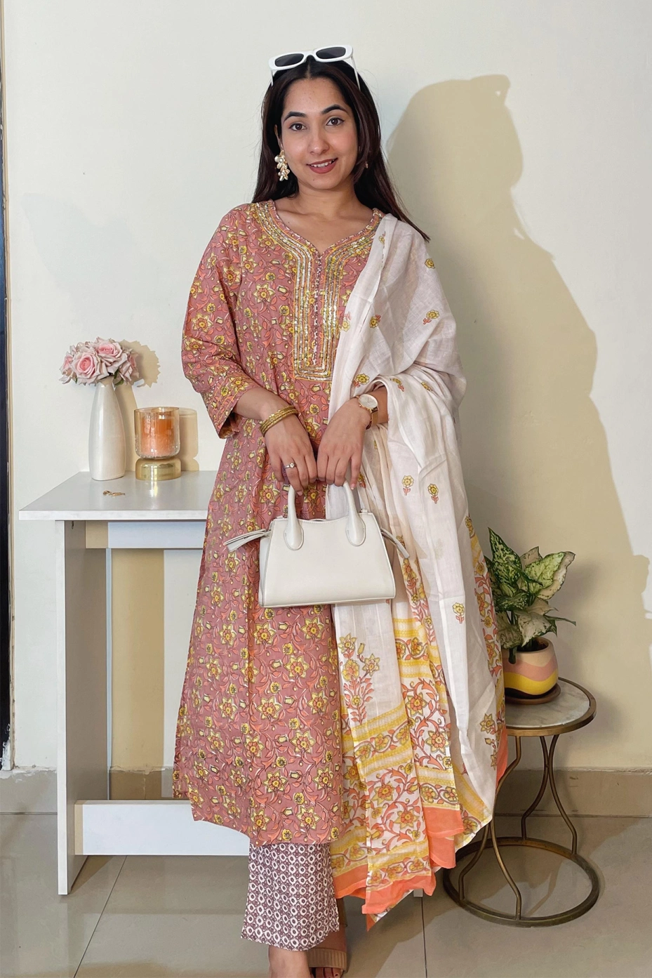 Pink 3-Piece Coord Set With Kurti, Crop Top & Flared Pants