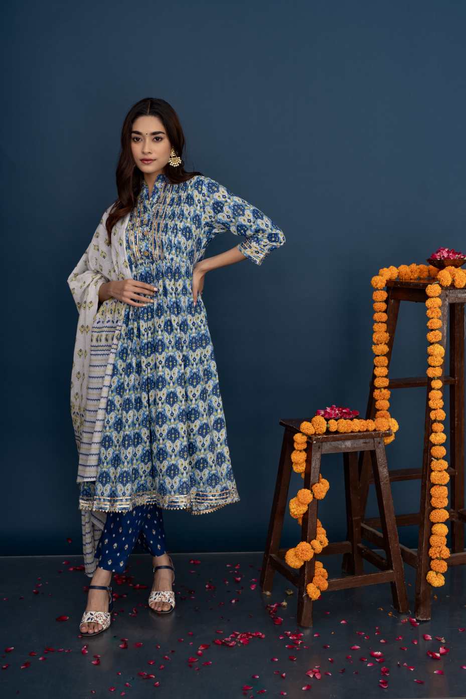 Brown Floral Print Cotton Kurta With Dupatta Set