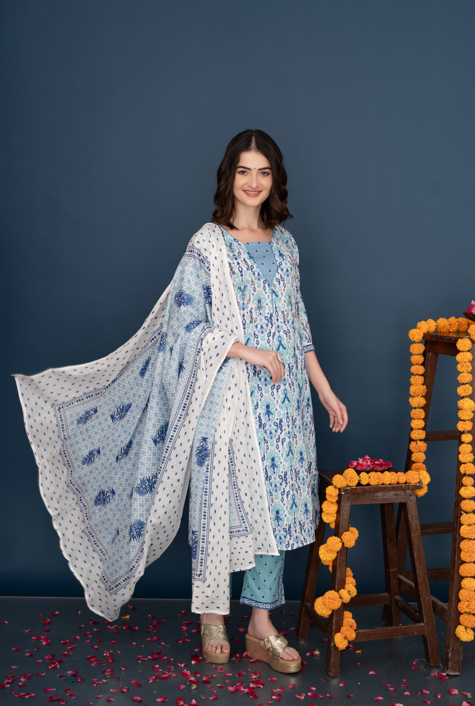 White Floral Printed Cotton Embroidered Kurta Set