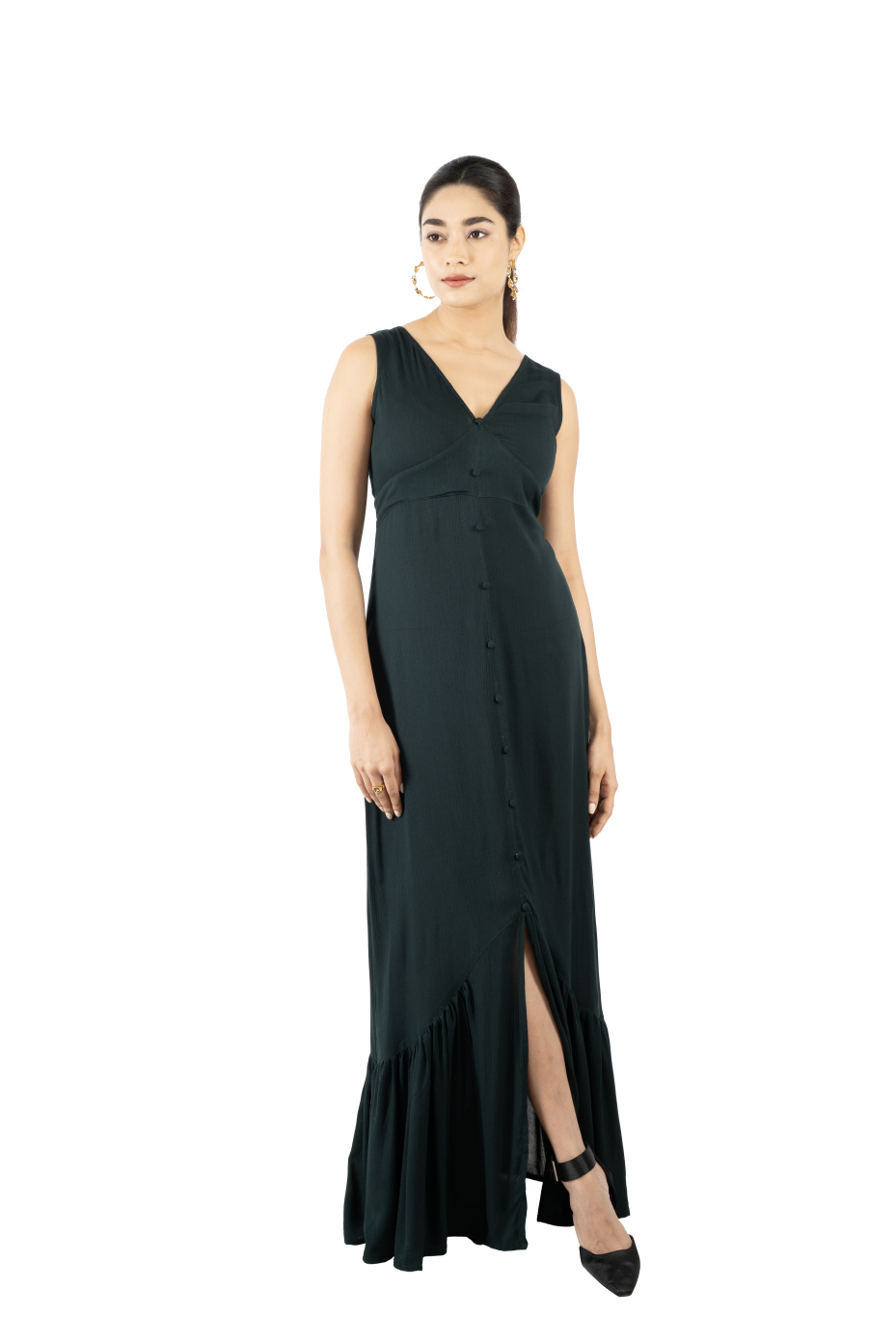 Green V-Neck Mermaid Maxi Dress With Flared Hem 