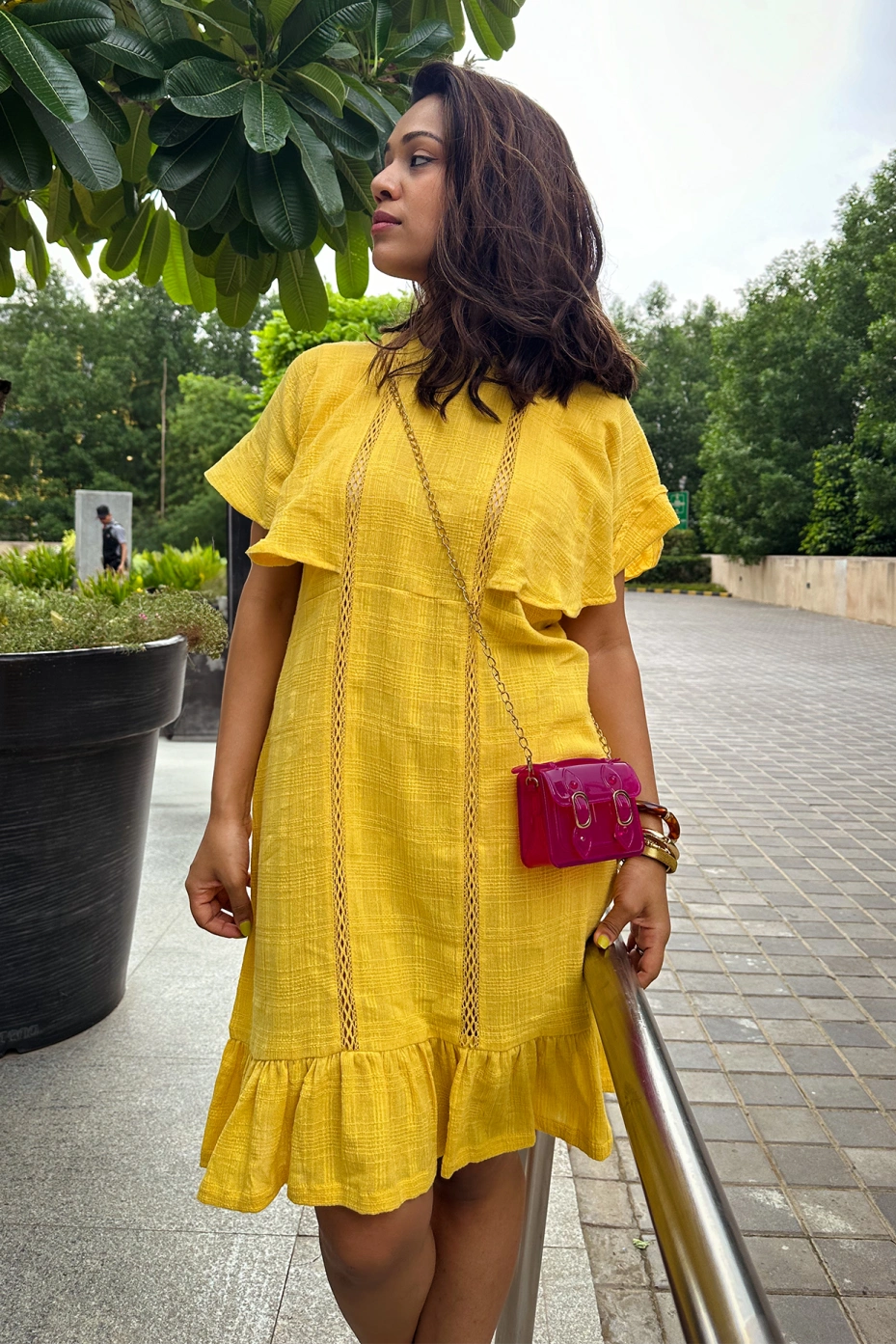 Yellow Solid Dress For Women With Lace Details