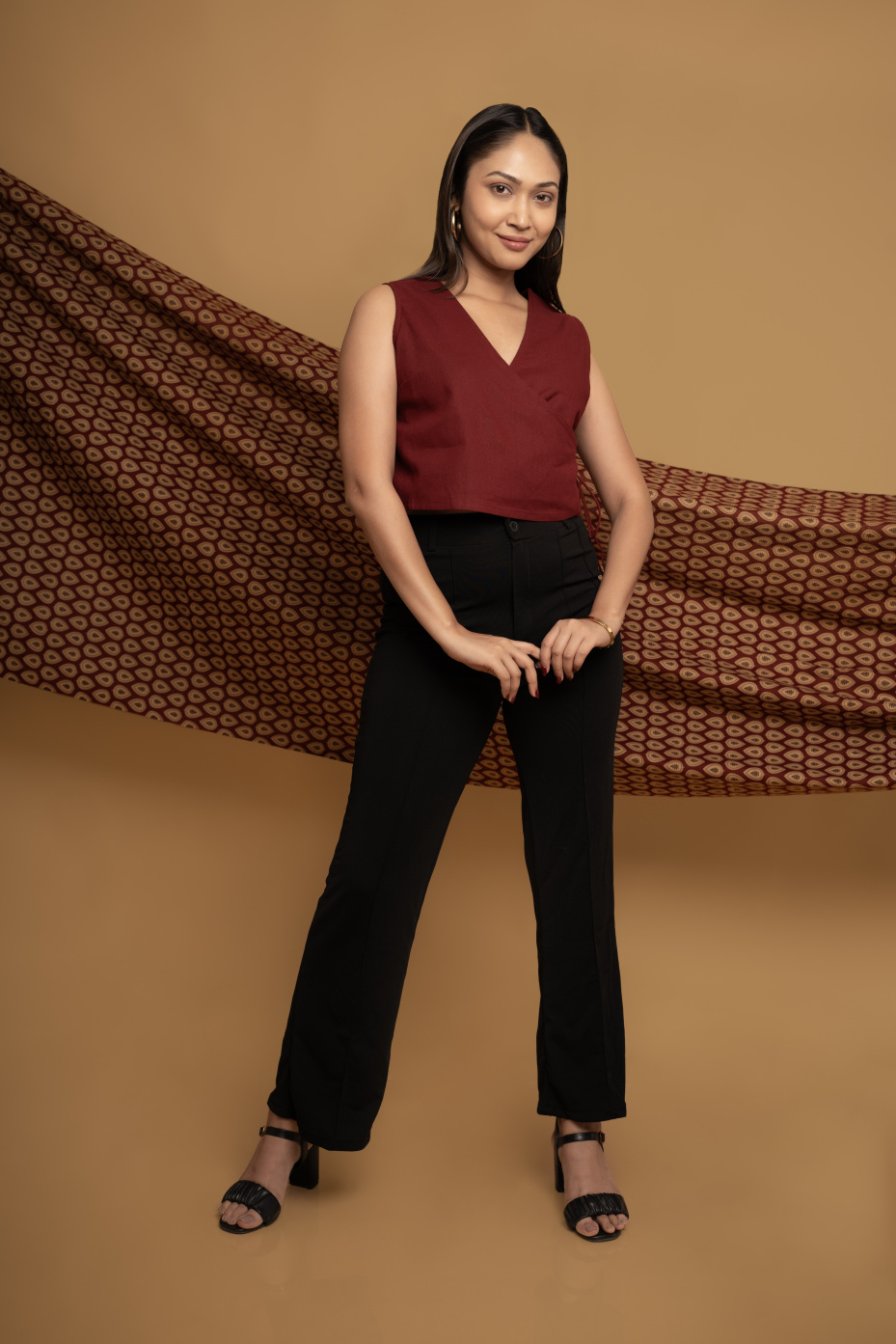 Maroon Printed Cotton Shrug With Full Sleeve