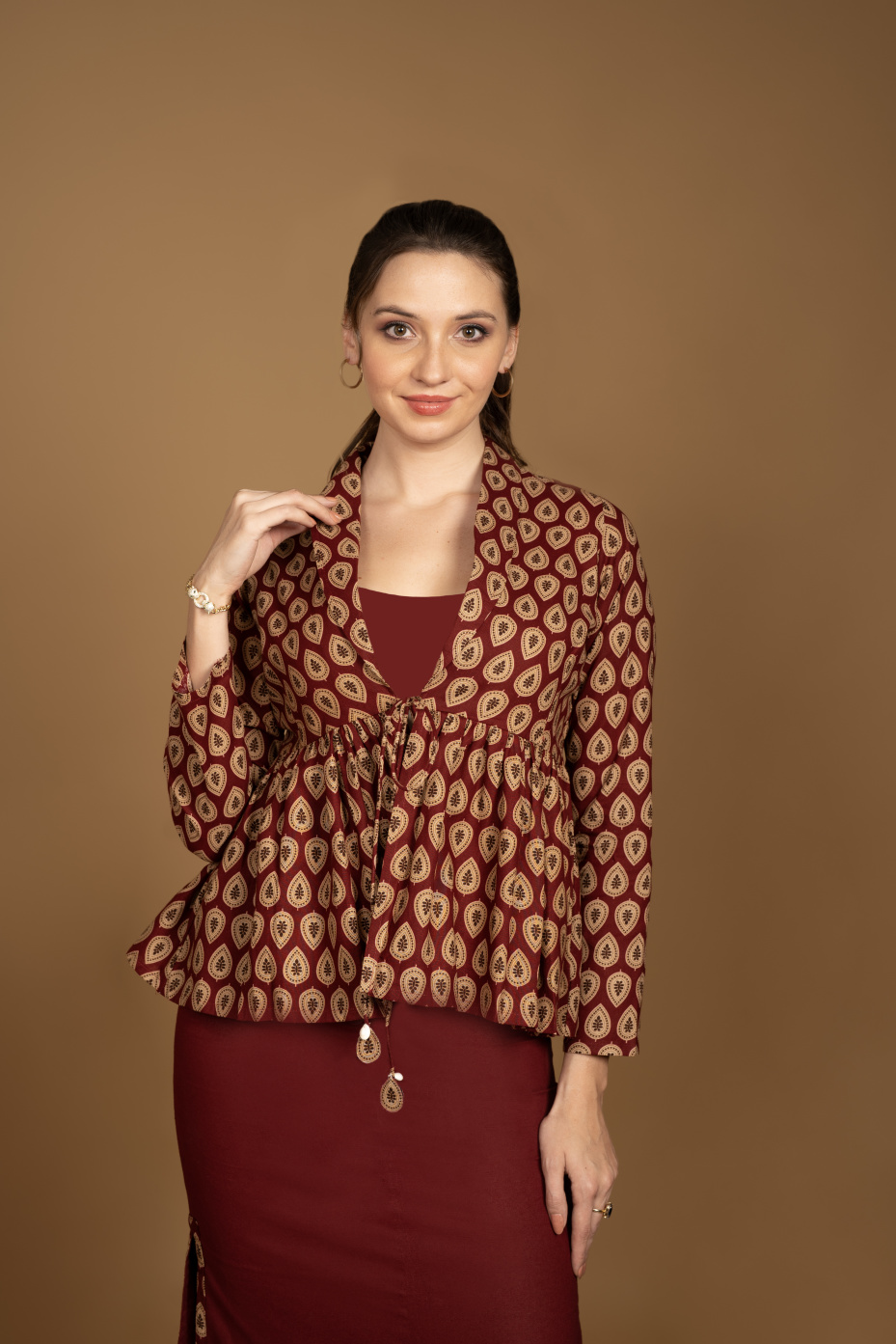 Maroon Printed Cotton Shrug With Full Sleeve