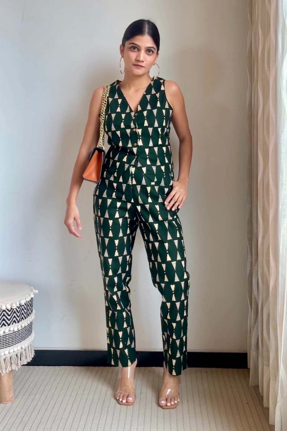 Green Printed Waistcoat And Trousers Cotton Co-Ords