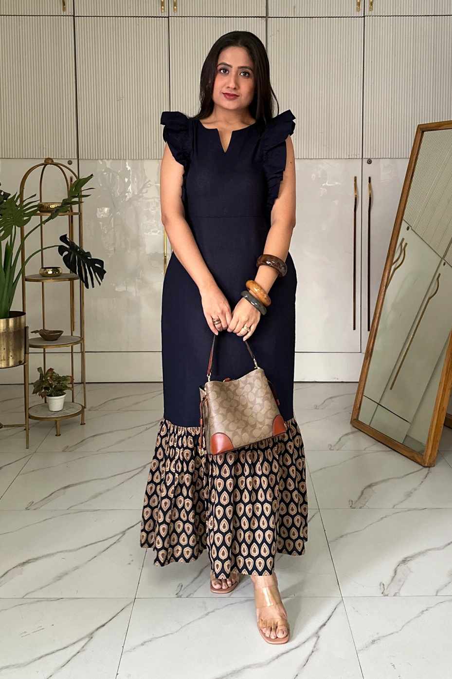 Blue Printed Tie-Up Cotton Kurti With Flare