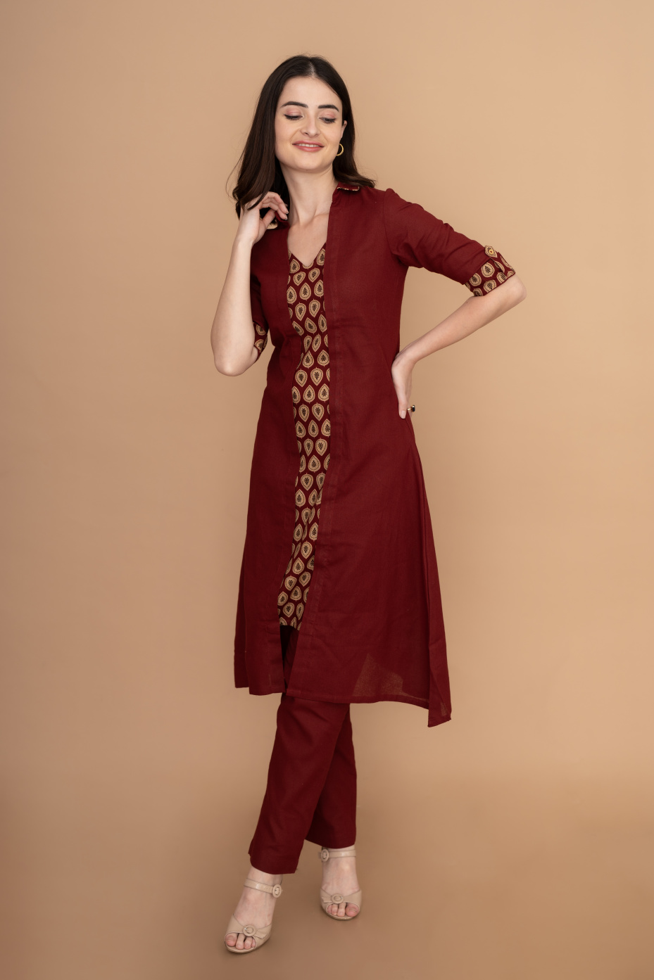 Maroon Printed Cotton Halter Neck Kurta