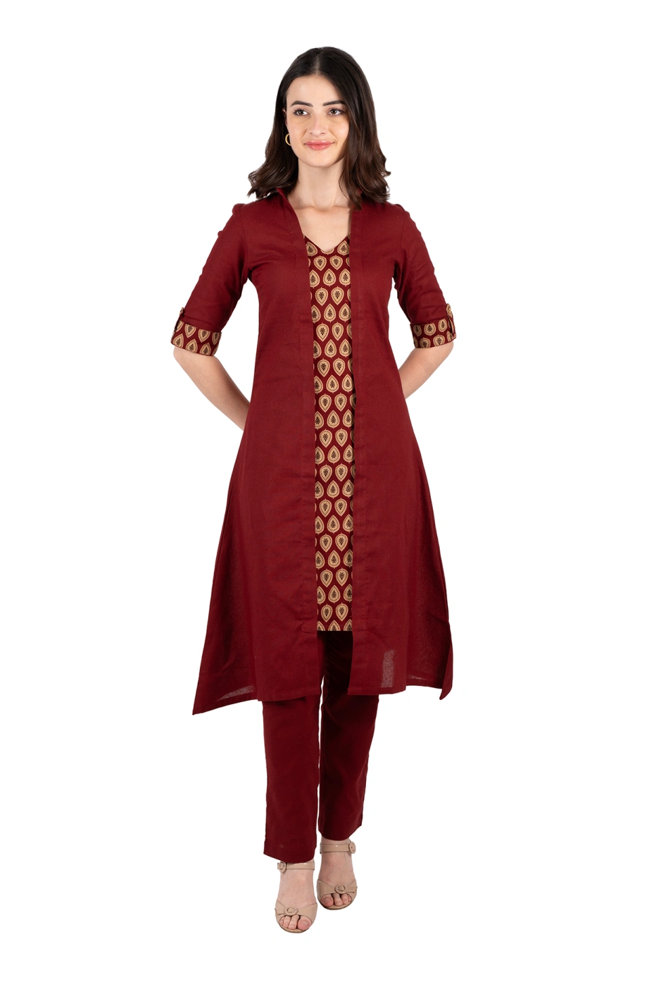 Maroon Cotton A-Line Kurta Pant Set