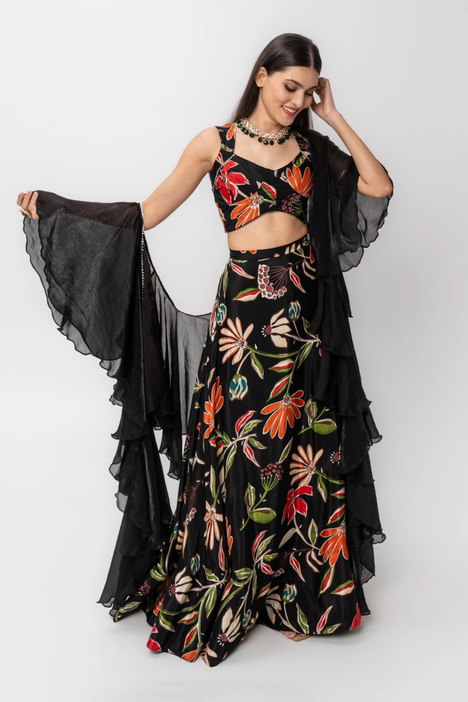 Black Long Anarkali Dress With Floral Printed Dupatta 