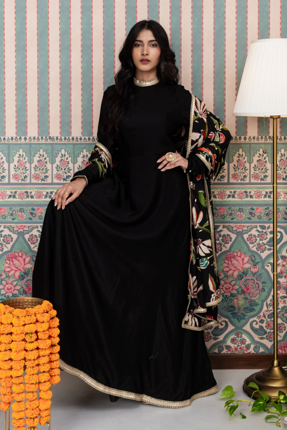 Black Long Anarkali Dress With Floral Printed Dupatta 