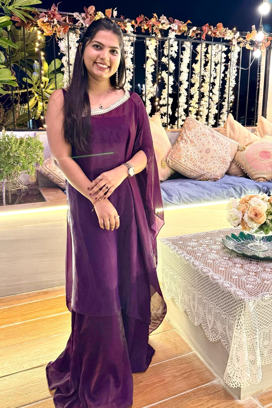 Purple Magenta 3-Piece Coord Set With Cape Blouse And Flared Pants