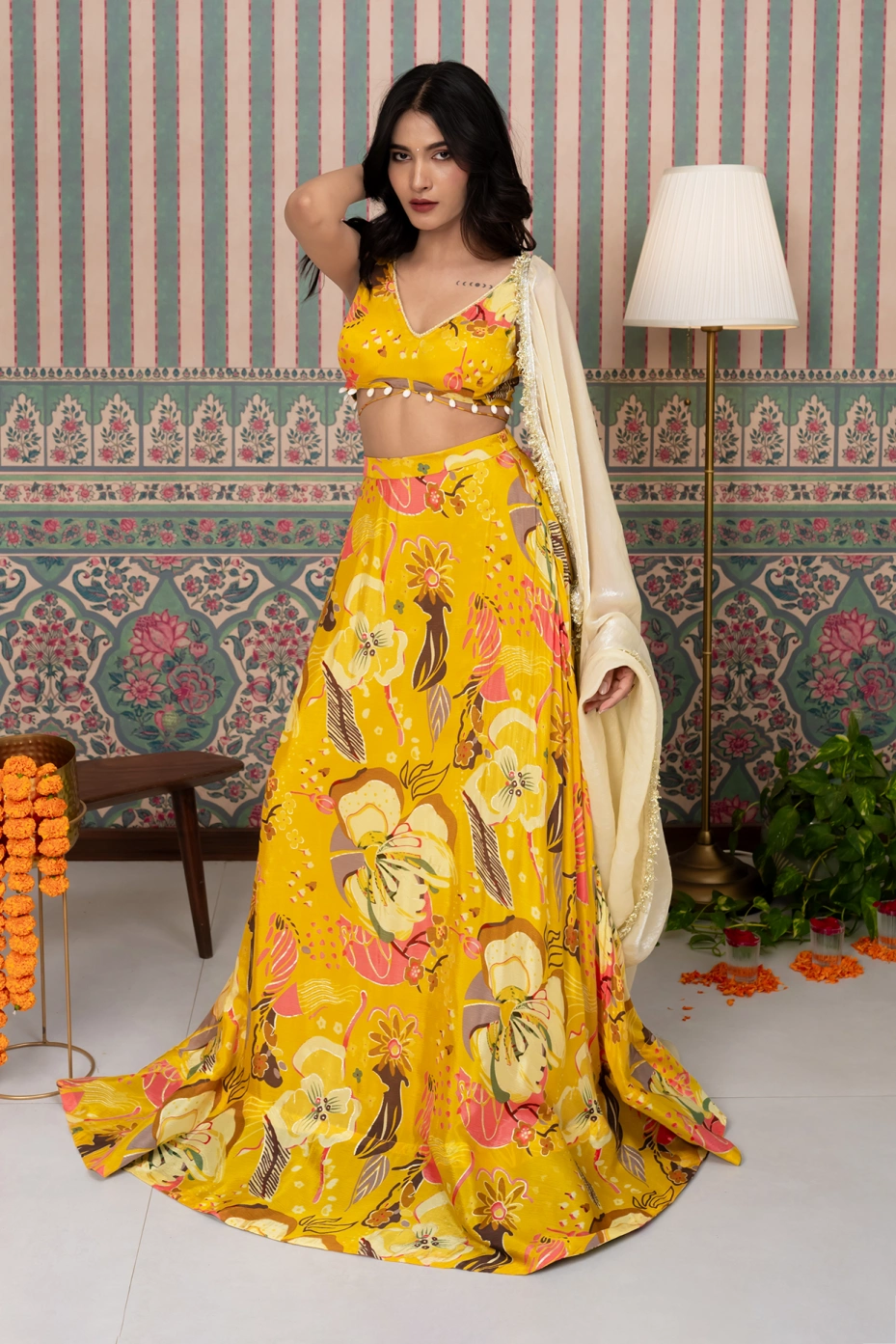 Yellow Floral Lehenga With Shrug