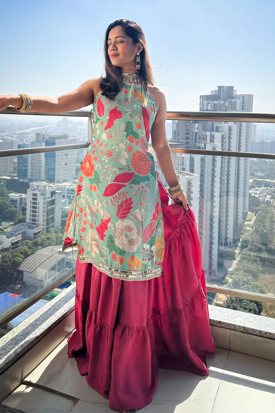 Pink 3-Piece Coord Set With Kurti, Crop Top & Flared Pants