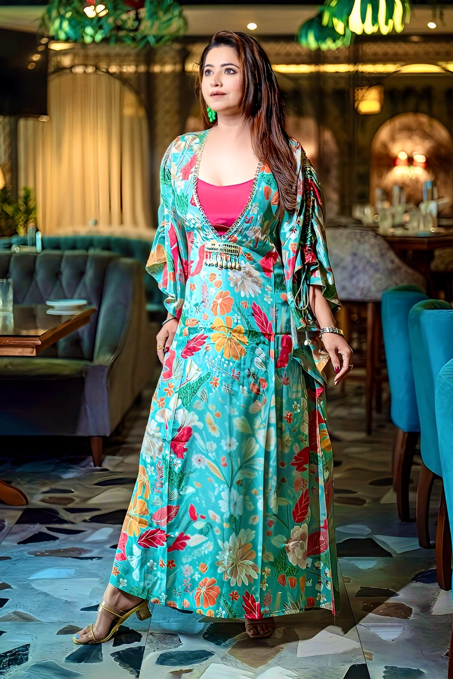 Green Floral Printed Kurta With Matching Skirt