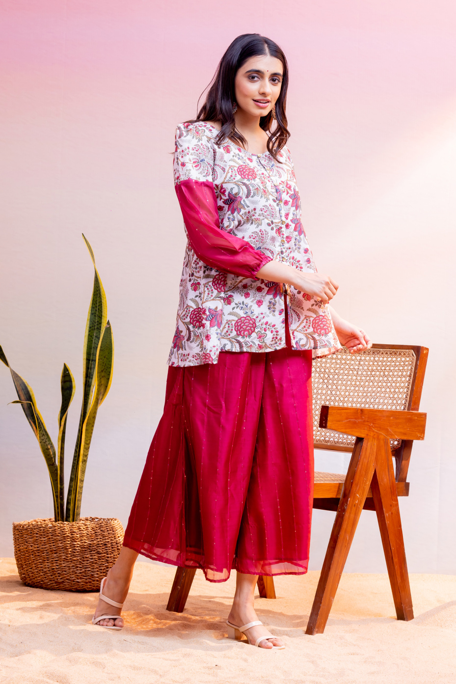 Maroon Anarkali Slit Kurta With Straight Pant Set 